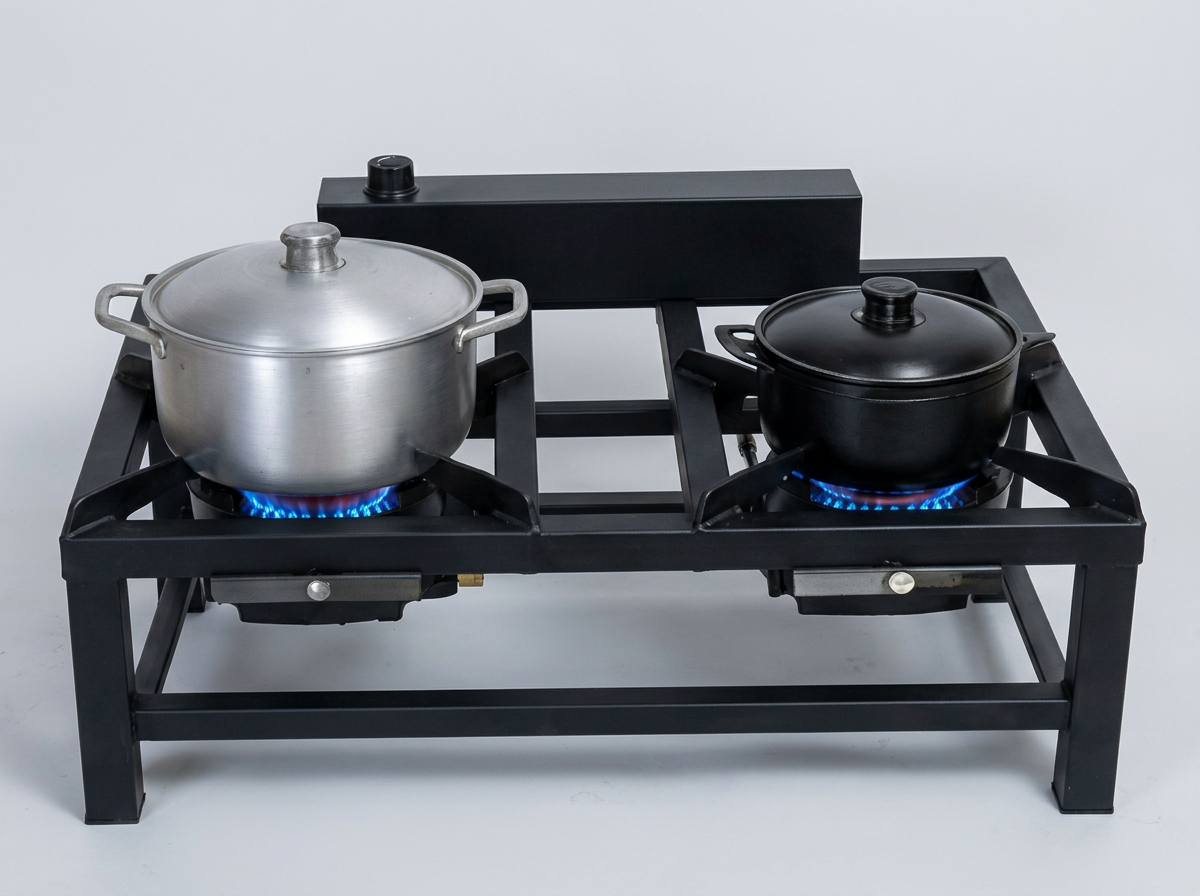 Double-burner oil cooker shown holding two lidded pots